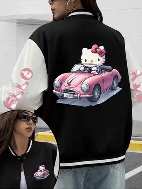 Hello Kitty Black & White Varsity Jacket with Pink Graphic